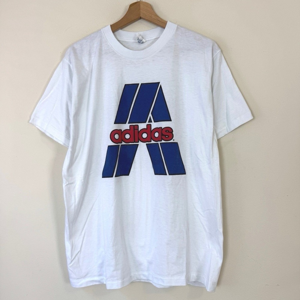 Vintage 80's Adidas Retro Logo Graphic White Tee Shirt